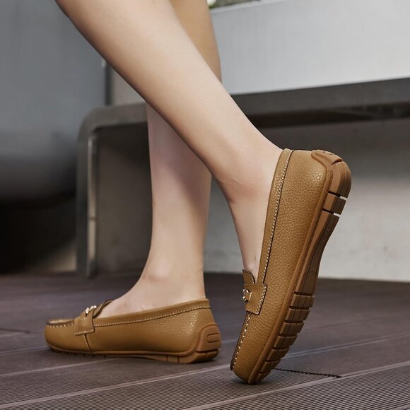 Kordal Women's Brown Leather Gold Accent Buckle Slip-Ons Walking Flats Loafers - Picture 7 of 9